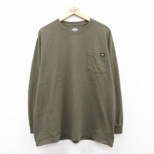 【20%OFF】XL★古着 ディッキーズ Dickies 長袖 Tシャツ メンズ 無地 胸ポケット付き 大きいサイズ コットン クルーネック 濃緑 グリーン 25sep03 中古