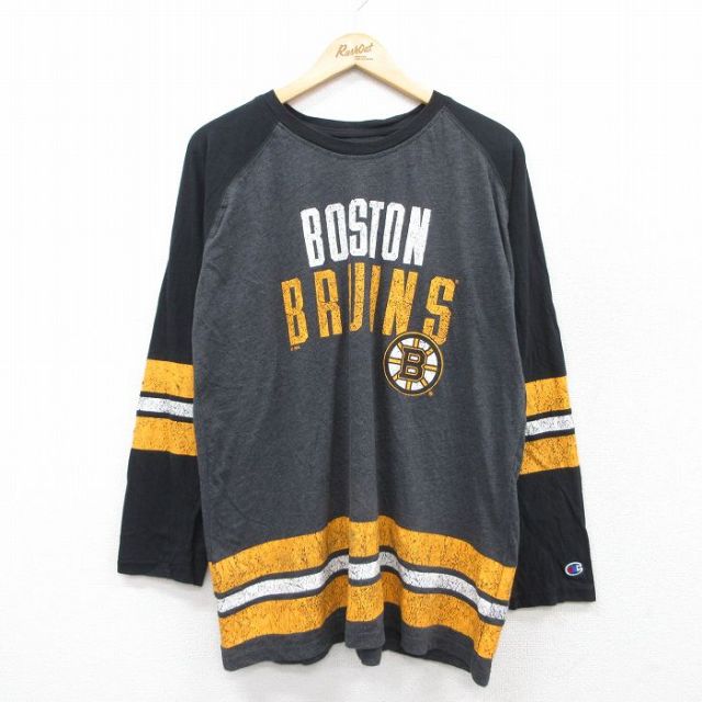 XL★古着 チャンピオン champion 長袖 Tシャツ メンズ NHL ボストンブルーインズ ラグラン ツートンカラー クルーネック 濃グレー 霜降り アイスホッケー 25sep03 中古