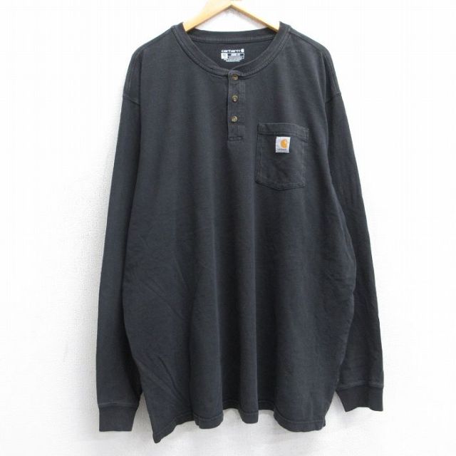 XL★古着 カーハート Carhartt 長袖 Tシャツ メンズ ワンポイントロゴ 胸ポケット付き 大きいサイズ ロング丈 ヘンリーネック 黒 ブラック 25sep03 中古
