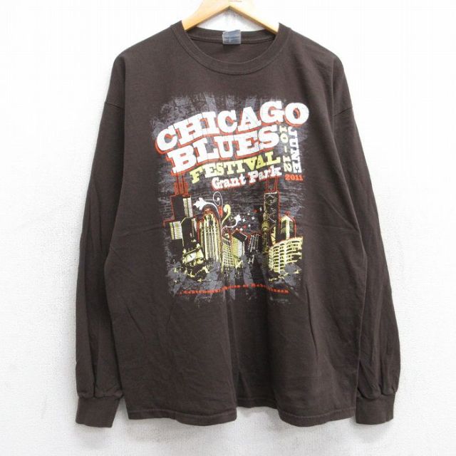 XL★古着 長袖 ロック バンド Tシャツ メンズ シカゴブルースフェスティバル 大きいサイズ コットン クルーネック 茶 ブラウン 25sep03 中古