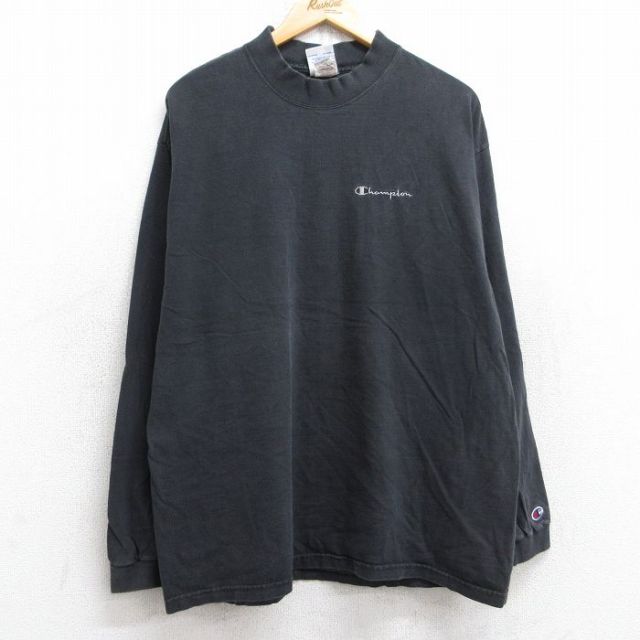 XL★古着 チャンピオン Champion 長袖 ビンテージ Tシャツ メンズ 00年代 00s ワンポイントロゴ コットン モックネック ハイネック 黒 ブラック 25sep03 中古