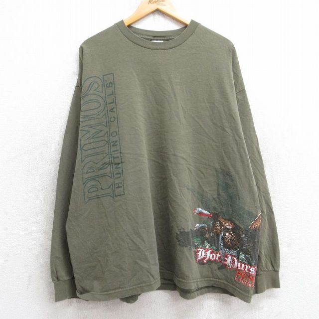 【20%OFF】XL★古着 長袖 ビンテージ Tシャツ メンズ 00年代 00s 鳥 PRIMOS ハンティング 大きいサイズ コットン クルーネック 濃緑 グリーン 25sep03 中古