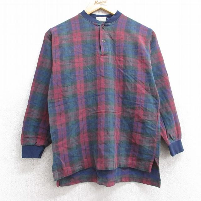 M★古着 エルエルビーン LLBEAN 長袖 ビンテージ Tシャツ メンズ 80年代 80s ヘンリーネック エンジ系他 チェック 【spe】 25sep03 中古
