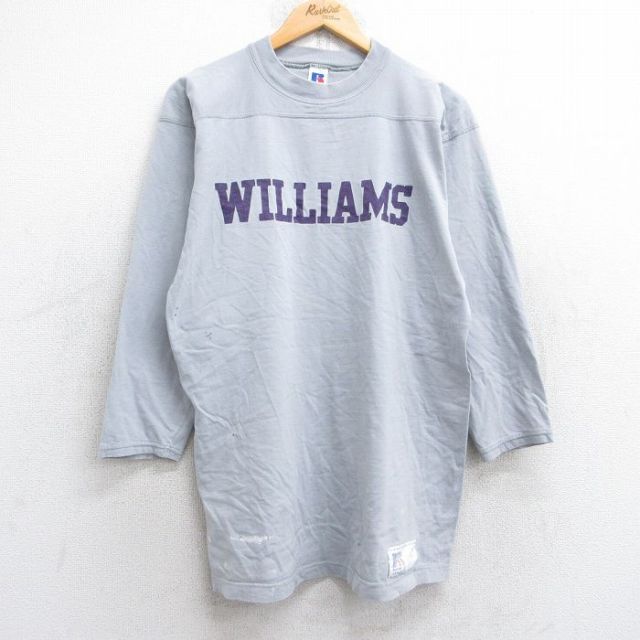 L★古着 ラッセル 長袖 ビンテージ フットボール Tシャツ メンズ 90年代 90s WILLIAMS コットン クルーネック USA製 グレー 25sep03 中古