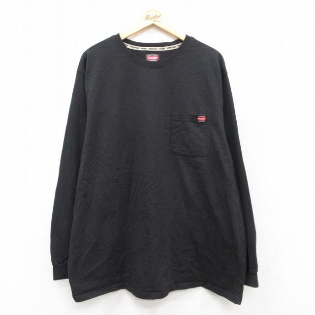 XL★古着 ラングラー Wrangler 長袖 Tシャツ メンズ 無地 胸ポケット付き 大きいサイズ コットン クルーネック 黒 ブラック 25sep03 中古