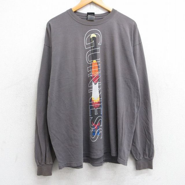 XL★古着 長袖 ビンテージ Tシャツ メンズ 00年代 00s ギネスビール 鳥 両面プリント 大きいサイズ コットン クルーネック 濃グレー 25sep03 中古