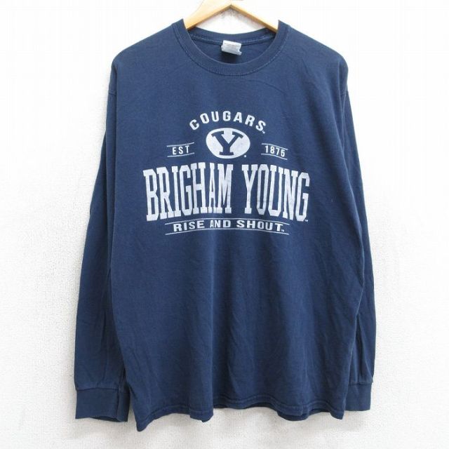 L★古着 長袖 ビンテージ Tシャツ メンズ 00年代 00s ブリガムヤング コットン クルーネック 紺 ネイビー 25sep03 中古