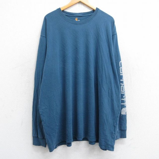 【20%OFF】XL★古着 カーハート Carhartt 長袖 Tシャツ メンズ ビッグロゴ ロング丈 大きいサイズ コットン クルーネック 紺系 ネイビー 25sep03 中古