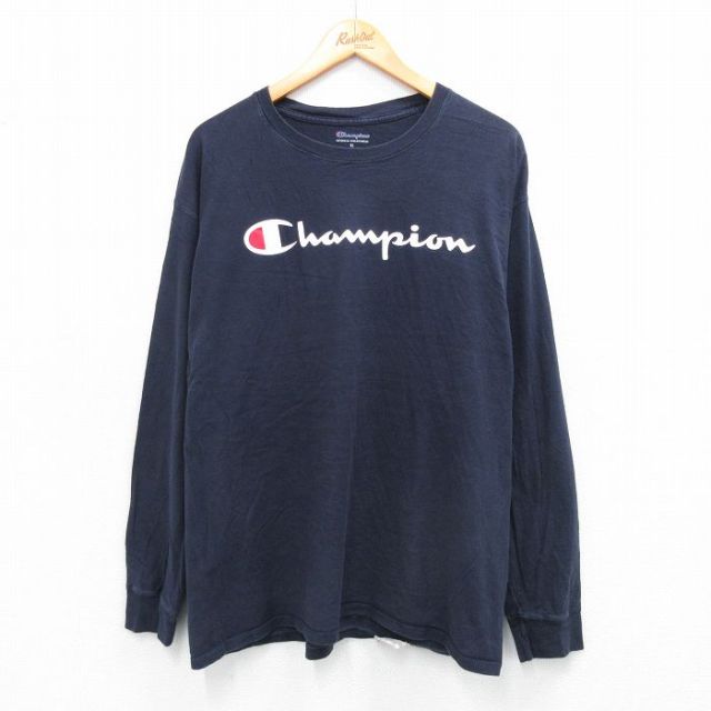 チャンピオン 長袖Tシャツ ビッグロゴ ネイビー XL | 古着