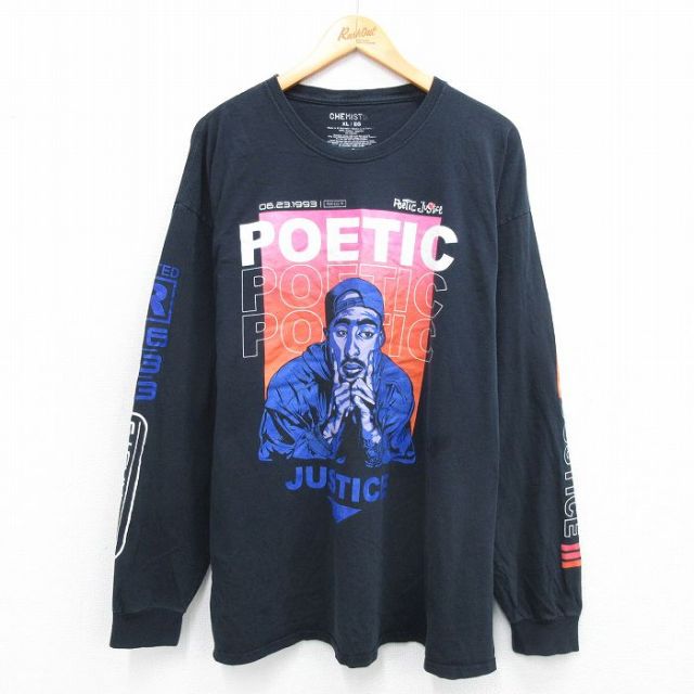 XL★古着 長袖 Tシャツ メンズ 映画 ポエティックジャスティス トゥパック 2パック 大きいサイズ コットン クルーネック 黒 ブラック 25sep04 中古