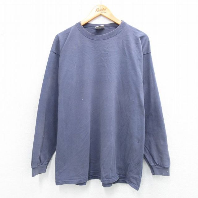 XL★古着 PLUMA 長袖 ビンテージ Tシャツ メンズ 90年代 90s 無地 コットン クルーネック USA製 薄紺 ネイビー 25sep04 中古