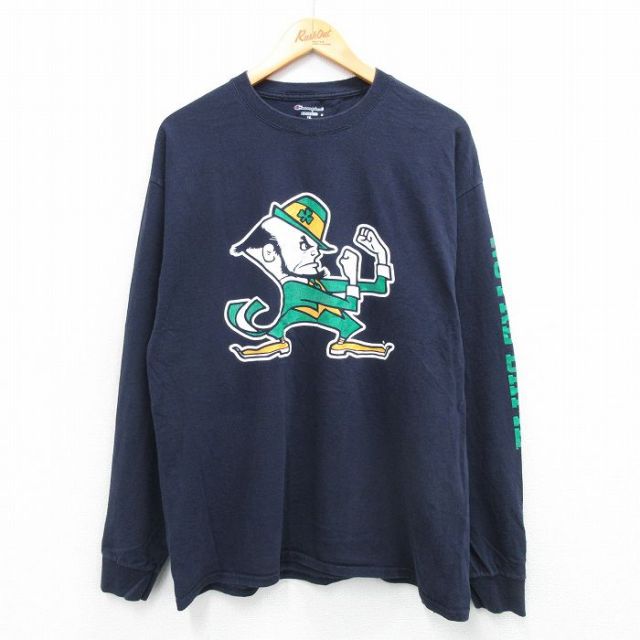 XL★古着 チャンピオン champion 長袖 Tシャツ メンズ ノートルダム アイリッシュ クルーネック 紺 ネイビー 25sep04 中古