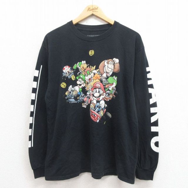 L★古着 長袖 Tシャツ メンズ ゲーム ニンテンドー マリオカート コットン クルーネック 黒 ブラック 25sep04 中古