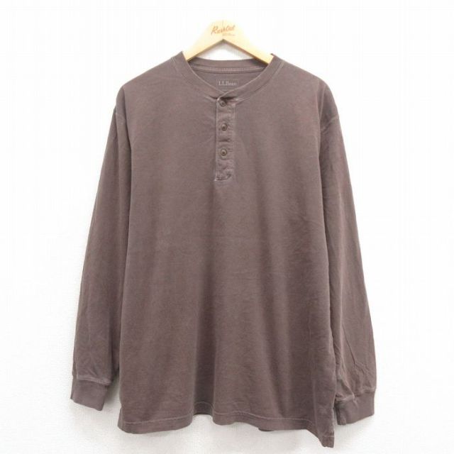 XL★古着 エルエルビーン LLBEAN 長袖 Tシャツ メンズ 無地 大きいサイズ コットン ヘンリーネック 茶 ブラウン 25sep04 中古