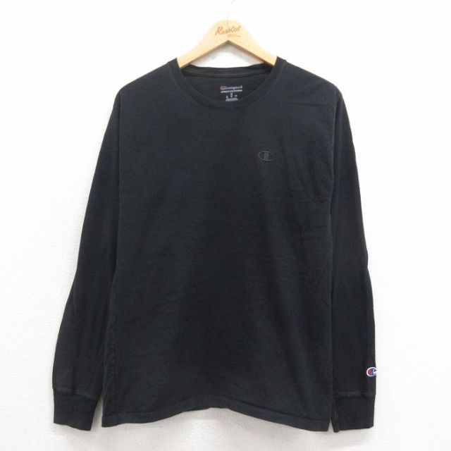 S★古着 チャンピオン Champion 長袖 Tシャツ メンズ ワンポイントロゴ コットン クルーネック 黒 ブラック 25sep04 中古