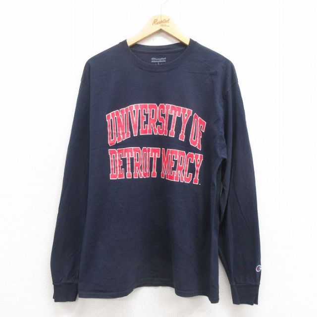 L★古着 チャンピオン Champion 長袖 Tシャツ メンズ デトロイト コットン クルーネック 紺 ネイビー 25sep04 中古