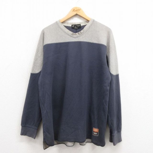 XL★古着 エディーバウアー 長袖 ビンテージ サーマル Tシャツ メンズ 00年代 00s ツートンカラー Vネック 紺 ネイビー 25sep04 中古