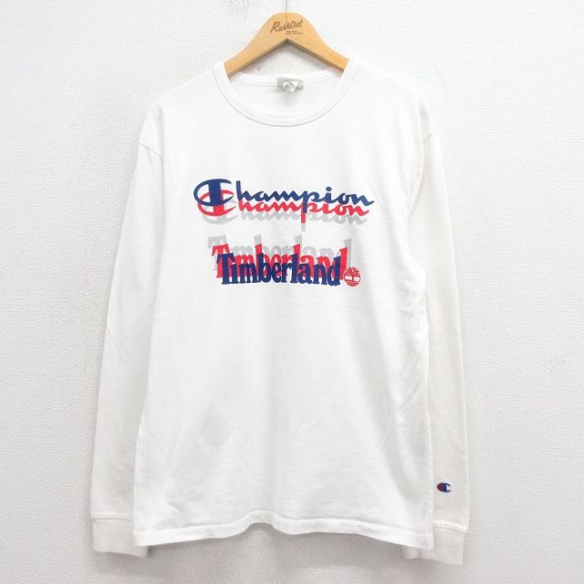 L★古着 チャンピオン champion 長袖 Tシャツ メンズ ティンバーランド ビッグロゴ コットン クルーネック 白 ホワイト 【spe】 25sep05 中古