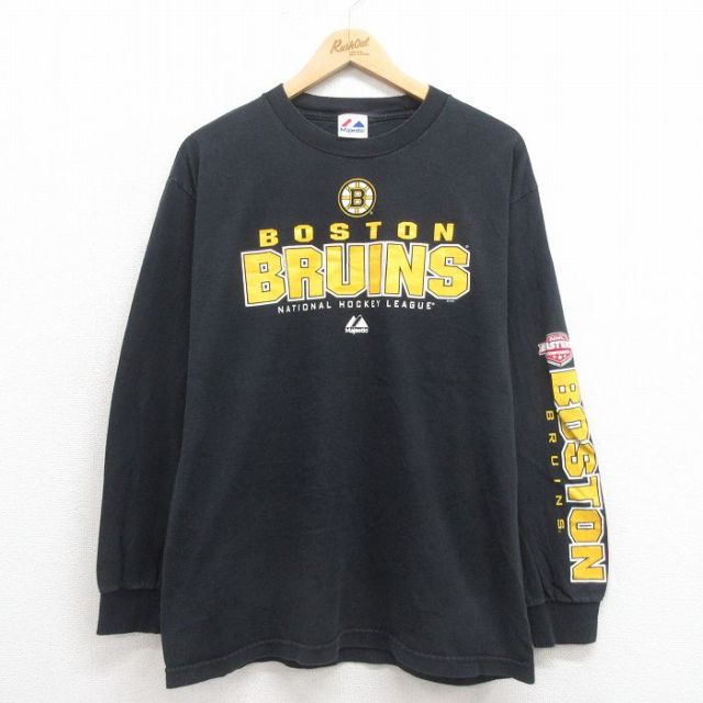 L★古着 マジェスティック 長袖 Tシャツ メンズ NHL ボストンブルーインズ コットン クルーネック 黒 ブラック アイスホッケー 25sep05 中古