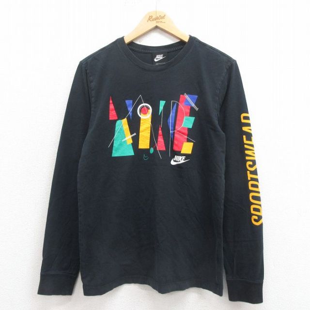 M★古着 ナイキ NIKE 長袖 Tシャツ メンズ ビッグロゴ コットン クルーネック 黒 ブラック 25sep05 中古