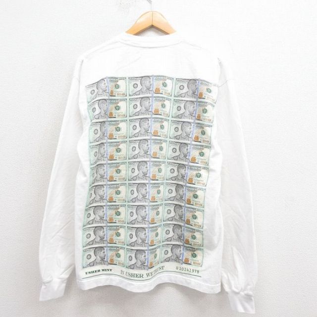 L★古着 長袖 ロック バンド Tシャツ メンズ USHER MINT コットン クルーネック USA製 白 ホワイト 25sep05 中古
