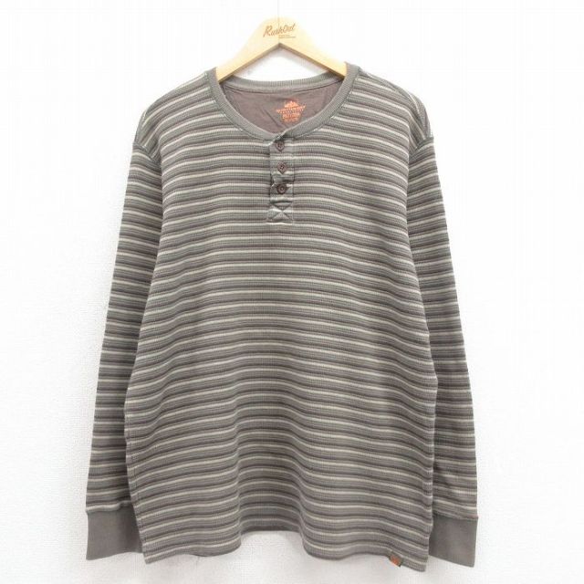 XL★古着 長袖 サーマル Tシャツ メンズ 大きいサイズ コットン クルーネック 薄緑他 グリーン ストライプ 25sep05 中古