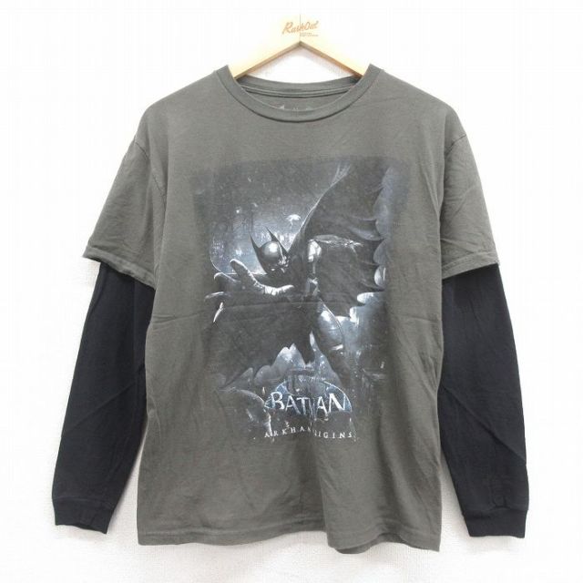 M★古着 長袖 Tシャツ メンズ バットマン BATMAN コットン クルーネック 濃緑 グリーン 25sep05 中古