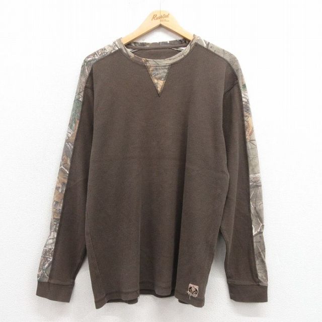 XL★古着 長袖 サーマル Tシャツ メンズ クルーネック 濃ベージュ カーキ 25sep05 中古