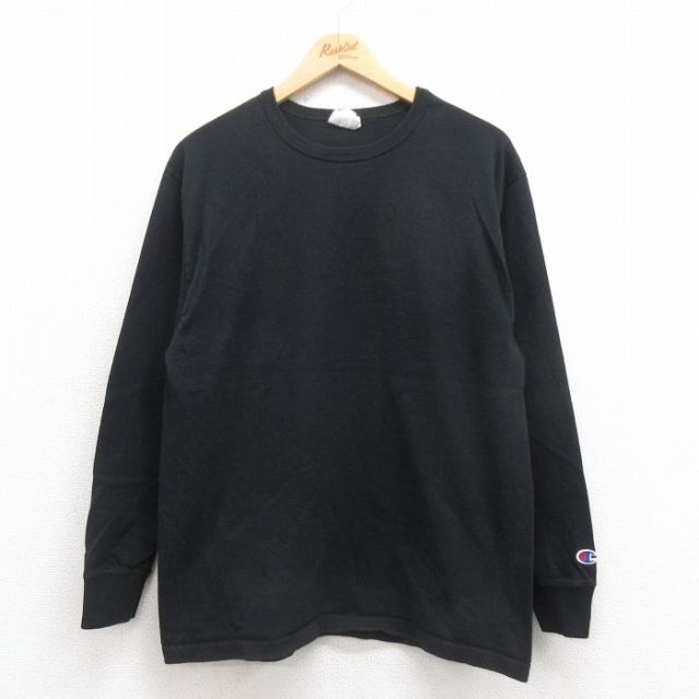 L★古着 チャンピオン champion 長袖 Tシャツ メンズ ワンポイントロゴ クルーネック 黒 ブラック 25sep05 中古