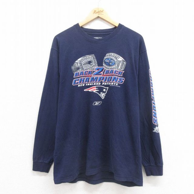 L★古着 リーボック REEBOK 長袖 Tシャツ メンズ NFL ニューイングランドペイトリオッツ コットン クルーネック 濃紺 ネイビー アメフト スーパーボウル 25sep05 中古