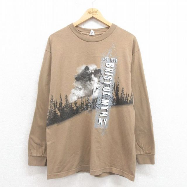 【20%OFF】L★古着 長袖 Tシャツ メンズ スキー コットン クルーネック ベージュ カーキ 25sep05 中古