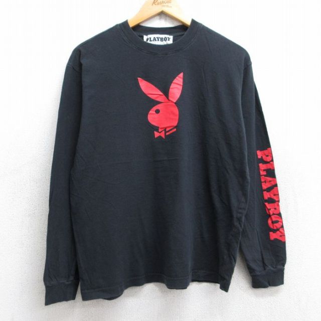 L★古着 プレイボーイ PLAY BOY 長袖 Tシャツ メンズ ビッグロゴ コットン クルーネック 黒 ブラック 25sep17 中古