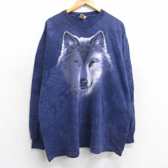 XL★古着 THE MOUNTAIN 長袖 Tシャツ メンズ オオカミ 大きいサイズ コットン クルーネック 紺他 ネイビー タイダイ 25sep17 中古