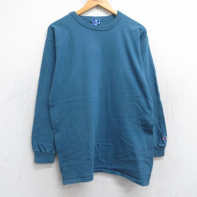 L★古着 チャンピオン Champion 長袖 ビンテージ Tシャツ メンズ 90年代 90s ワンポイントロゴ コットン クルーネック USA製 青緑系 【spe】 25sep17 中古