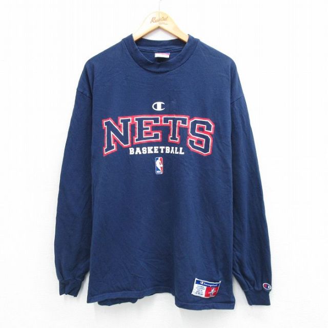 XL★古着 チャンピオン Champion 長袖 ビンテージ Tシャツ メンズ 00年代 00s NBA ブルックリンネッツ コットン クルーネック 紺 ネイビー バスケットボール 25sep24 中古