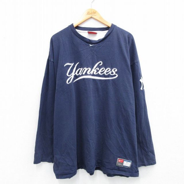 XL★古着 ナイキ NIKE 長袖 ビンテージ Tシャツ メンズ 00年代 00s MLB ニューヨークヤンキース 大きいサイズ コットン クルーネック 紺 ネイビー メジャーリーグ ベースボール 野球 【spe】 25sep24 中古
