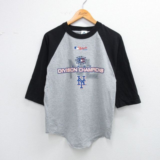 【20%OFF】M★古着 7分袖 ビンテージ Tシャツ メンズ 00年代 00s MLB ニューヨークメッツ ラグラン ツートンカラー クルーネック グレー 霜降り他 メジャーリーグ ベースボール 野球 25sep24 中古 7分丈 七分丈 七分袖