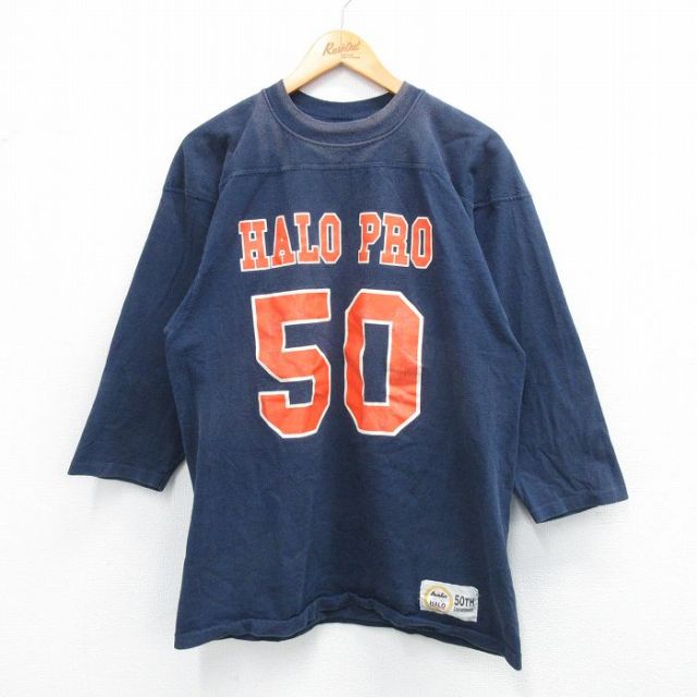 L★古着 7分袖 ビンテージ フットボール Tシャツ メンズ 90年代 90s HALO PRO 50 コットン クルーネック USA製 紺 ネイビー 25sep24 中古 7分丈 七分丈 七分袖
