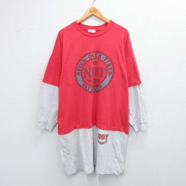 XL★古着 長袖 ビンテージ Tシャツ メンズ 80年代 80s NOT ツートンカラー 大きいサイズ ロング丈 クルーネック USA製 赤他 レッド 【spe】 25sep24 中古