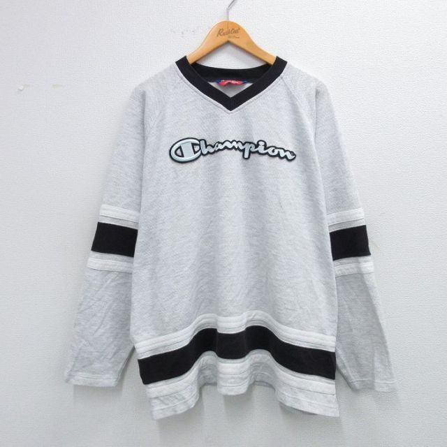 XL★古着 チャンピオン champion 長袖 ビンテージ Tシャツ メンズ 00年代 00s ビッグロゴ ラグラン 大きいサイズ Vネック 薄グレー 霜降り他 25sep24 中古