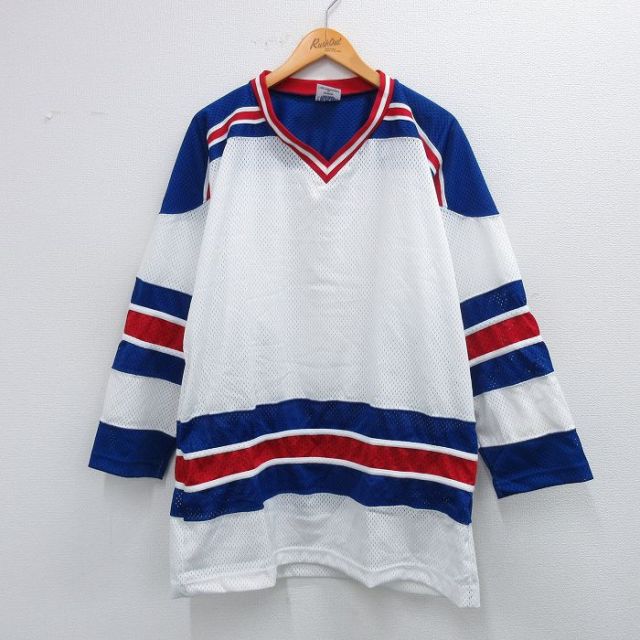 XL★古着 長袖 ビンテージ Tシャツ アイスホッケー ジャージ メンズ 90年代 90s メッシュ地 ロング丈 Vネック USA製 青他 ブルー 25sep24 中古