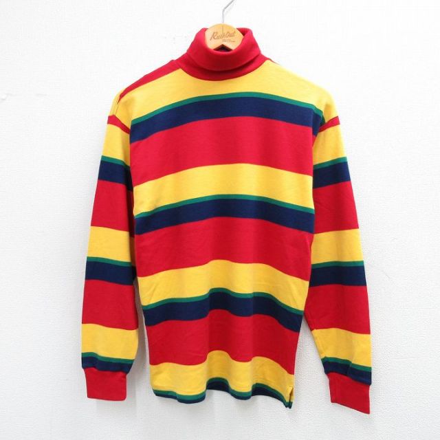 M★古着 長袖 ビンテージ Tシャツ メンズ 90年代 90s コットン タートルネック ハイネック USA製 黄色他 イエロー ボーダー 25sep24 中古
