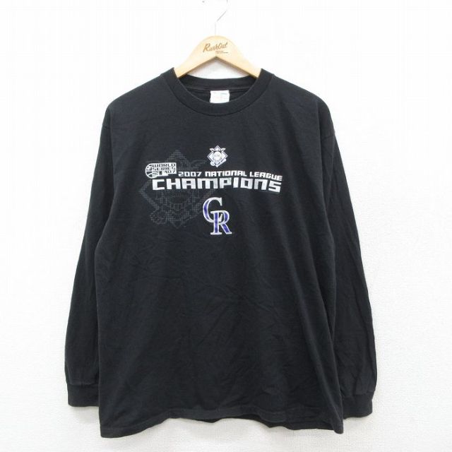 L★古着 マジェスティック 長袖 ビンテージ Tシャツ メンズ 00年代 00s MLB コロラドロッキーズ コットン クルーネック 黒 ブラック メジャーリーグ ベースボール 野球 25sep25 中古