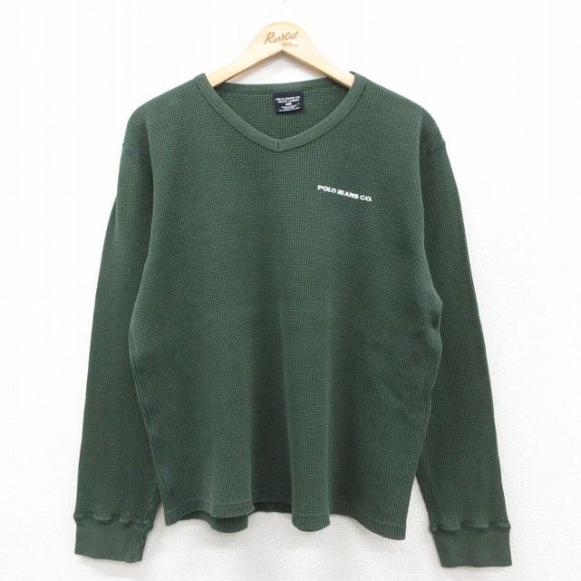 XL★古着 ラルフローレン Ralph Lauren ポロジーンズ 長袖 ブランド ビンテージ サーマル Tシャツ メンズ ワンポイントロゴ 大きいサイズ コットン Vネック カナダ製 緑 グリーン 【spe】 25sep25 中古