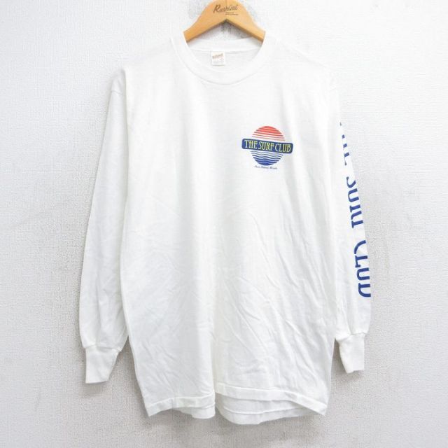 L★古着 長袖 ビンテージ Tシャツ メンズ 80年代 80s THE SURF CLUB クルーネック USA製 白 ホワイト 25sep26 中古