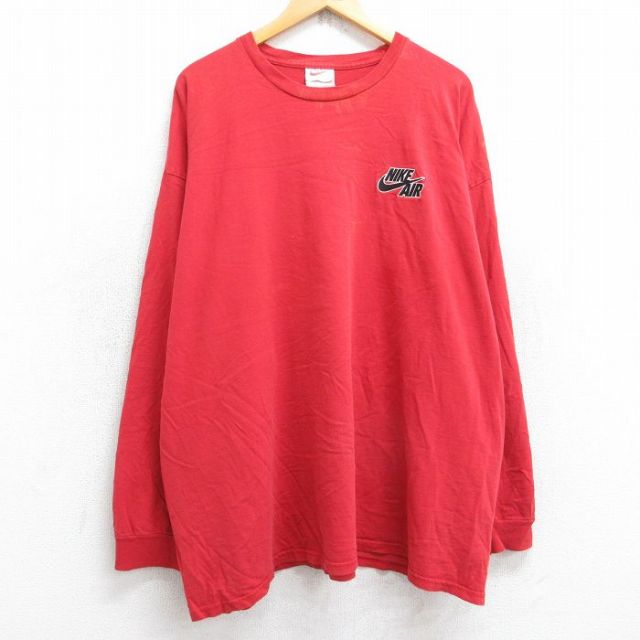XL★古着 ナイキ NIKE 長袖 ビンテージ Tシャツ メンズ 90年代 90s ワンポイントロゴ AIR 大きいサイズ コットン クルーネック USA製 赤 レッド 【spe】 25sep26 中古