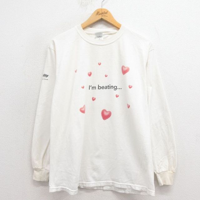 L★古着 長袖 ビンテージ Tシャツ メンズ 00年代 00s ハート コットン クルーネック 白 ホワイト 25sep26 中古