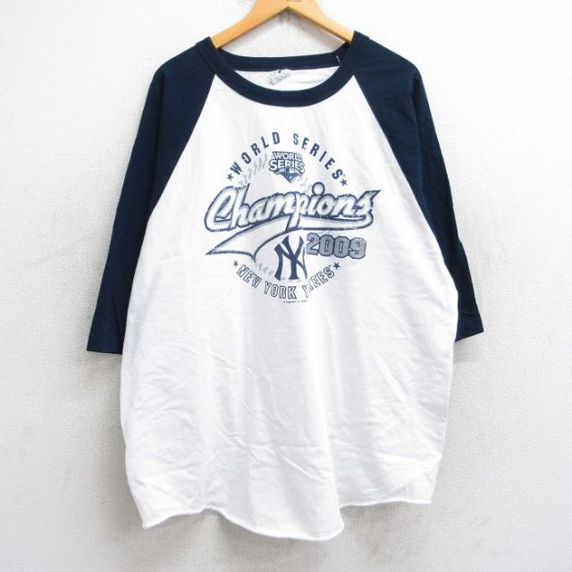 XL★古着 7分袖 ビンテージ Tシャツ メンズ 00年代 00s MLB ニューヨークヤンキース ラグラン ツートンカラー 大きいサイズ ロング丈 コットン クルーネック 白他 ホワイト メジャーリーグ ベースボール 野球 25sep26 中古 7分丈 七分丈 七分袖