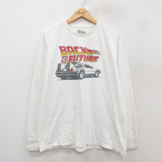 XL★古着 長袖 Tシャツ メンズ 映画 バックトゥザフューチャー 大きいサイズ コットン クルーネック 白 ホワイト 25sep26 中古