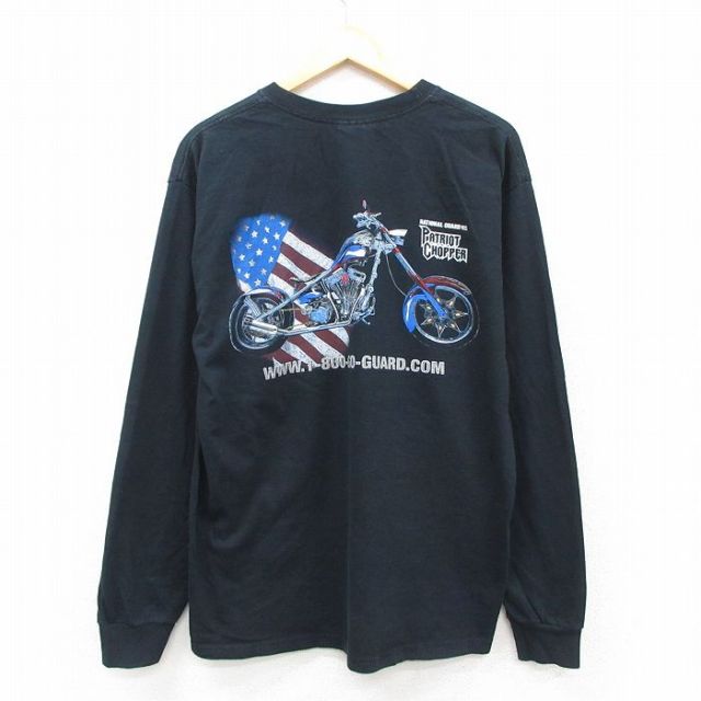 【20%OFF】L★古着 長袖 ビンテージ Tシャツ メンズ 00年代 00s バイク 星条旗 コットン クルーネック 黒 ブラック 25sep26 中古